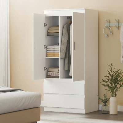 HOMCOM Schlafzimmer-Garderobe mit 2 Türen, 2 Schubladen, 3 Fächer, Holz, Weiß