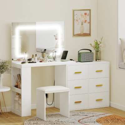 HOMCOM Coiffeuse avec miroir et tabouret, table de maquillage avec éclairage LED réglable, 6 tiroirs, 118 x 78 x 135 cm, blanc