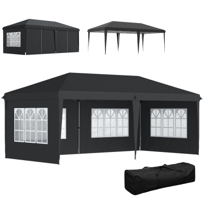 Outsunny Pabellón aprox. 3x6m Impermeable Pabellón plegable pop-up con 4 paredes laterales, ventanas Protección UV Bolsa de transporte Negro