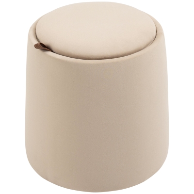 HOMCOM Pouf coffre rangement, pouf repose-pieds en tissu velours givré, couvercle réversible, Ø 44 x 47,5 cm, beige