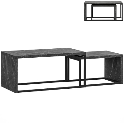 HOMCOM Set of 2 nesting coffee tables industrial design space-saving in black metal and dark grey marble effect