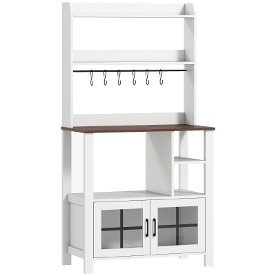 HOMCOM Alacena de Cocina con 6 Ganchos para Tazas 2 Puertas de Vidrio Estantes Abiertos 80x40x152 cm Blanco