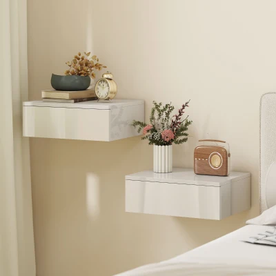 HOMCOM 2-delig set nachtkastjes, wandmontage ontwerp, lade, voor slaapkamer, spaanplaat, Wit