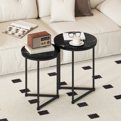 HOMCOM Marble-Effect Nesting Tables Set of 2 Black