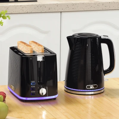 HOMCOM Wasserkocher- und Toaster-Set, 2200W, Otter-Thermostat, 2-Schlitz-Toaster, 7 Bräunungsstufen, Krümelfach, Schwarz