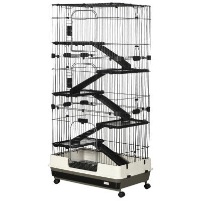 PawHut Cage Lapin 5 Niveaux 3 Portes Roulettes Noir Gris