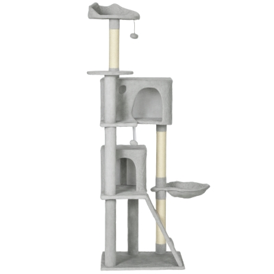 PawHut Arbre à Chat 180cm Gris avec Niches, Hamac et Griffoirs