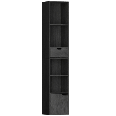HOMCOM 6-Tier Narrow Bookcase with Drawer and Door Black