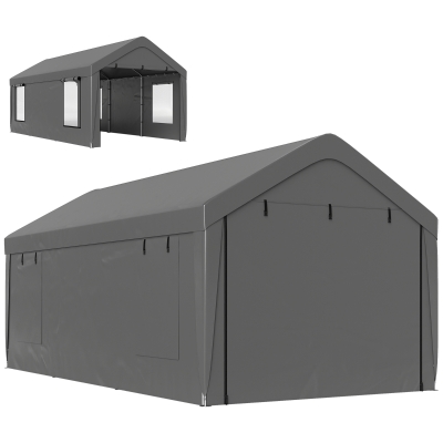Outsunny Carport tente de garage 3 x 6 m avec parois latérales amovibles, 2 portes enroulables et 4 fenêtres, gris foncé