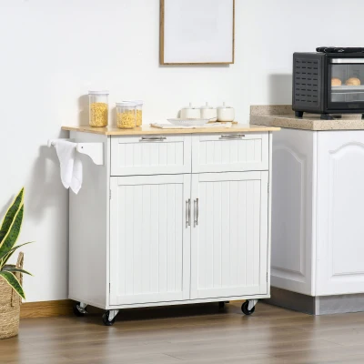 HOMCOM Rolling Kitchen Island Cart White Rubberwood Top