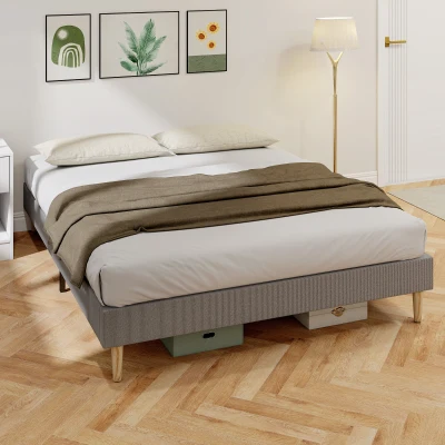 HOMCOM Lit Double 160x200cm Velours Côtelé Gris avec Sommier