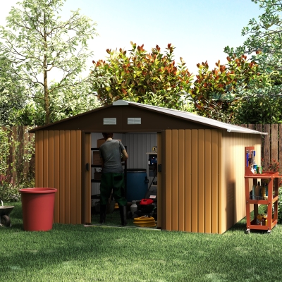 Outsunny Stahl Gerätehaus 20m³ Geräteschuppen Gartenhaus Fahrradschuppen Garten Schuppen Braun 340 x 386 x 200 cm