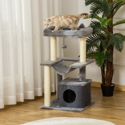 PawHut Arbre à chat avec griffoir, en tissu peluche, tour de jeux pour chat, lit, niche, hamac, plateforme 48 x 48 x 90 cm gris