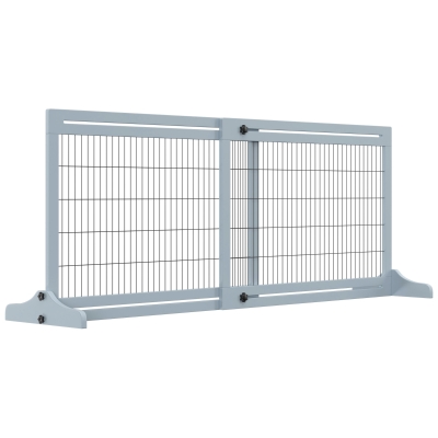 PawHut Freestanding Dog Gate Wood Barrier 69H x 104-183cm Blue-grey