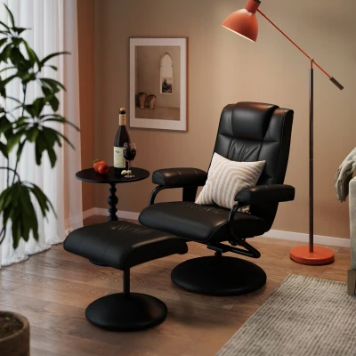 HOMCOM Massagesessel mit Hocker, Drehbares Relaxsessel mit Massagefunktion, Elektrisches Fernsehsessel mit Liegefunktion, Fernbedienung für Wohnzimmer, Kunstleder, Schwarz