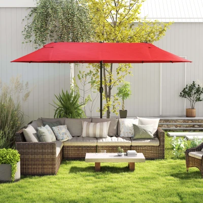 Outsunny Doppelsonnenschirm 455 x 270 cm Gartenschirm mit Handkurbel oval stabil Metallstange Marktschirm Doppelsonnenschirm Terrassenschirm Sonnenschutz für Strand Balkon Terrasse Garten Weinrot
