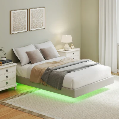 HOMCOM Schwebendes Bettgestell 140 x 190 cm mit LED-Beleuchtung, gepolstertes Doppelbett in Leinenoptik, Lattenrost aus Holz, Beige