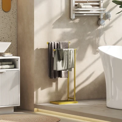 HOMCOM Toallero de Pie con 2 Barras y Marco Metálico Toallero de Baño Moderno en Forma de L 35,5x20x78 cm Dorado
