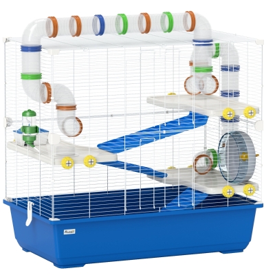 PawHut Hamsterkäfig mit 4 Ebenen, Kleintierkäfig mit Tunnelsystem, Hütte, Laufrad, für Zwerghamster, 78 x 45 x 73 cm, Blau