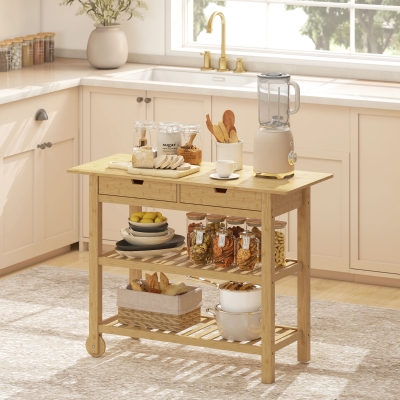 HOMCOM Carrito Auxiliar con Ruedas de Bambú Carro de Servicio con 2 Cajones 2 Estantes de Listones 100x43x75 cm Natural