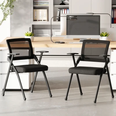 HOMCOM Lot de 2 Chaises Pliantes Tissu Lin Acier Noir