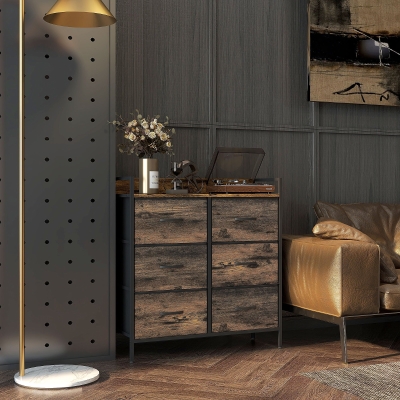 HOMCOM Cómoda com 6 Gavetas Dobráveis de Tecido Estrutura de Aço e Estilo Industrial 79x29x85 cm Castanho Rústico