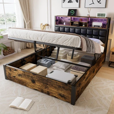 Hydraulic Storage Bed with Charging Sockets and LED Strip, Black+Neutral