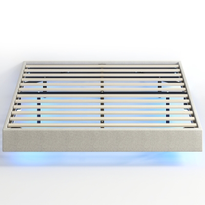 HOMCOM Estrutura de Cama Flutuante 140x190 cm com Iluminação Led Cama de Casal Estofada em Linho Estrado de Ripas em Madeira Bege