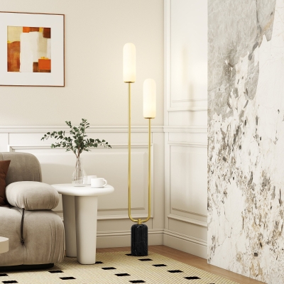 HOMCOM Candeeiro de Pé para Sala com 2 Abajures em Vidro Base em Mármore e Interruptor de Pé Branco