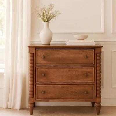 Solid Mango Wood Spindle Chest with 3 Drawers and Turned Spindle Legs, Brown