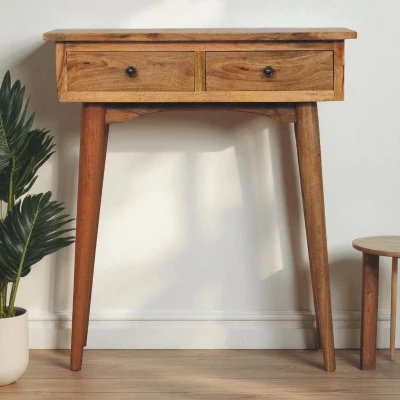 Solid Mango Wood Mini Console Table with Oak-effect Finish, Brown