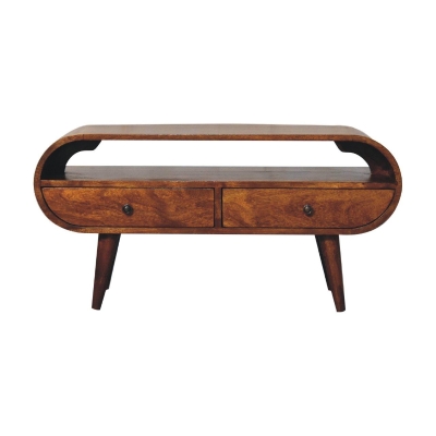 100% Solid Mango Wood Round TV Stand with 2 Smooth‑Gliding Drawers and Open Slot, Brown