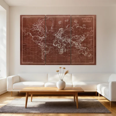 HOMCOM Cuadros en Lienzo Trípticos Mapamundi Vintage a Mano 120x60 cm con Marco de Madera Decoración para Dormitorio Marrón