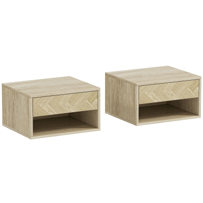HOMCOM Set of 2 Modern Wall-Mounted Nightstands with Drawer and Open Shelf, 37x32x21 cm, Natural Wood