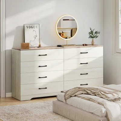 HOMCOM Commode Moderne 8 Tiroirs Bois Noyer Gris Clair 140x40x86 cm