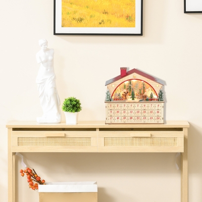 HOMCOM Calendario de Adviento para Rellenar de Madera con Luces LED 24 Cajones y Escena de Pueblo 36x10x34 cm Natural