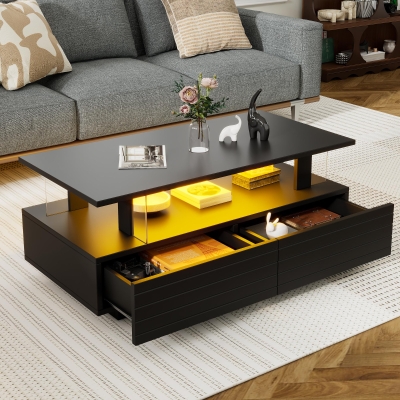 Modern Coffee Table with App-Controlled LED, Black