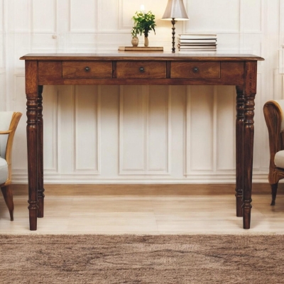Solid Mango Wood 3-Drawer Console with Turned Legs, Brown