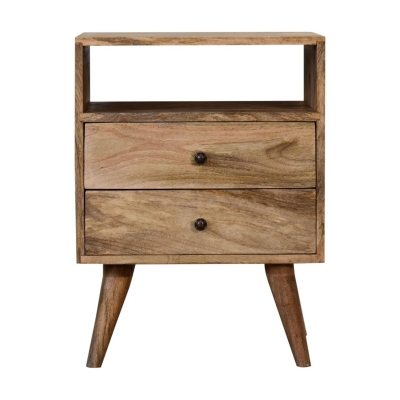 Solid Mango Wood Bedside Table with 2 Smooth‑Gliding Drawers and Open Shelf, Brown
