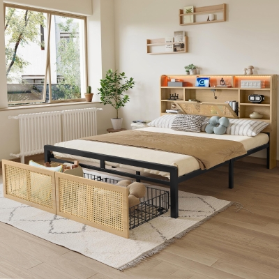 4ft6 Wooden Double Bed with LED Strip Light and Headboard Storage, Natural+Black