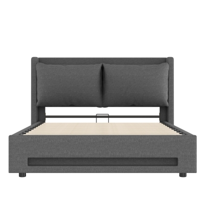 Modern Upholstered Bed with Headboard Shelf and Dual USB‑C Ports, Dark Gray