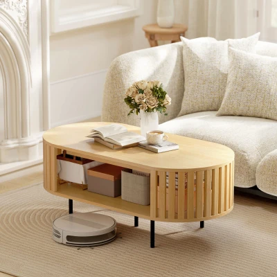 HOMCOM Mesa de Centro Oval Mesa de Sala com Arrumação Cantos Arredondados Design em Ripas 100x50x40 cm Efeito Madeira Natural