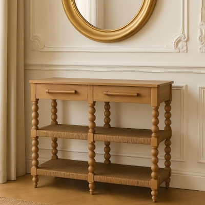 Solid Wood Savoy Bobbin Console Table with Shelves and 4 Shelves, Brown