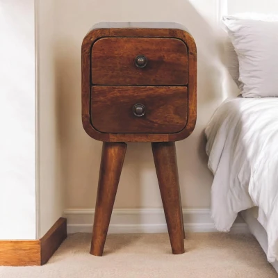 Solid Mango Wood Mini Curved Bedside Cabinet, Brown