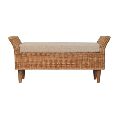 Solid Mango Wood Upholstered Riviera Woven Bench with Plush High-Resilience Cushioning, Brown