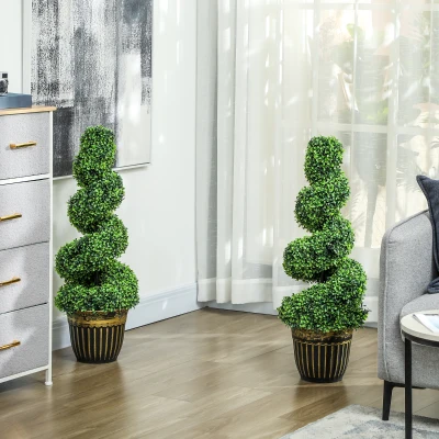 HOMCOM Set of 2 Artificial Plants, Topiary Spiral Boxwood Trees with Pot, for Home Indoor Outdoor Decor, 90cm