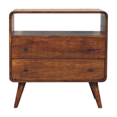 Solid Mango Wood Curved Nordic Bedside Chest with 2 Smooth-Gliding Drawers, Brown