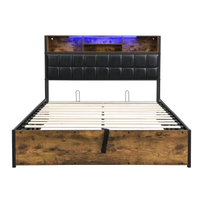 Hydraulic Storage Bed with Charging Sockets and LED Strip, Black+Neutral