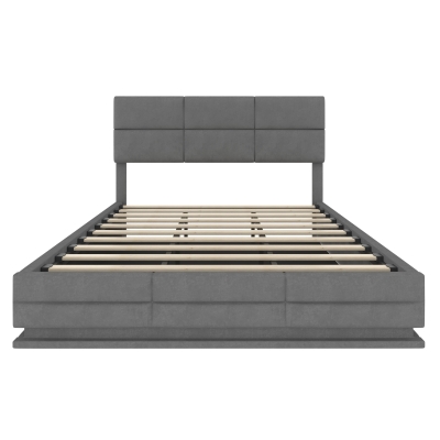 Modern Velvet Upholstered Bed with 3-Stage Adjustable Headboard, Dark Gray