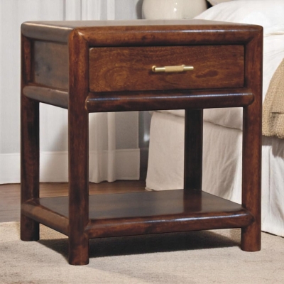 Solid Mango Wood Regency Nightstand with Drawer and Open Shelf, Brown